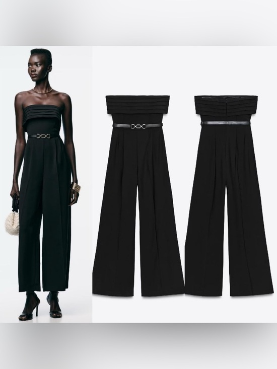 Zara Pants - Zara Black Strapless Pleated-Waist Wide-Leg Jumpsuit